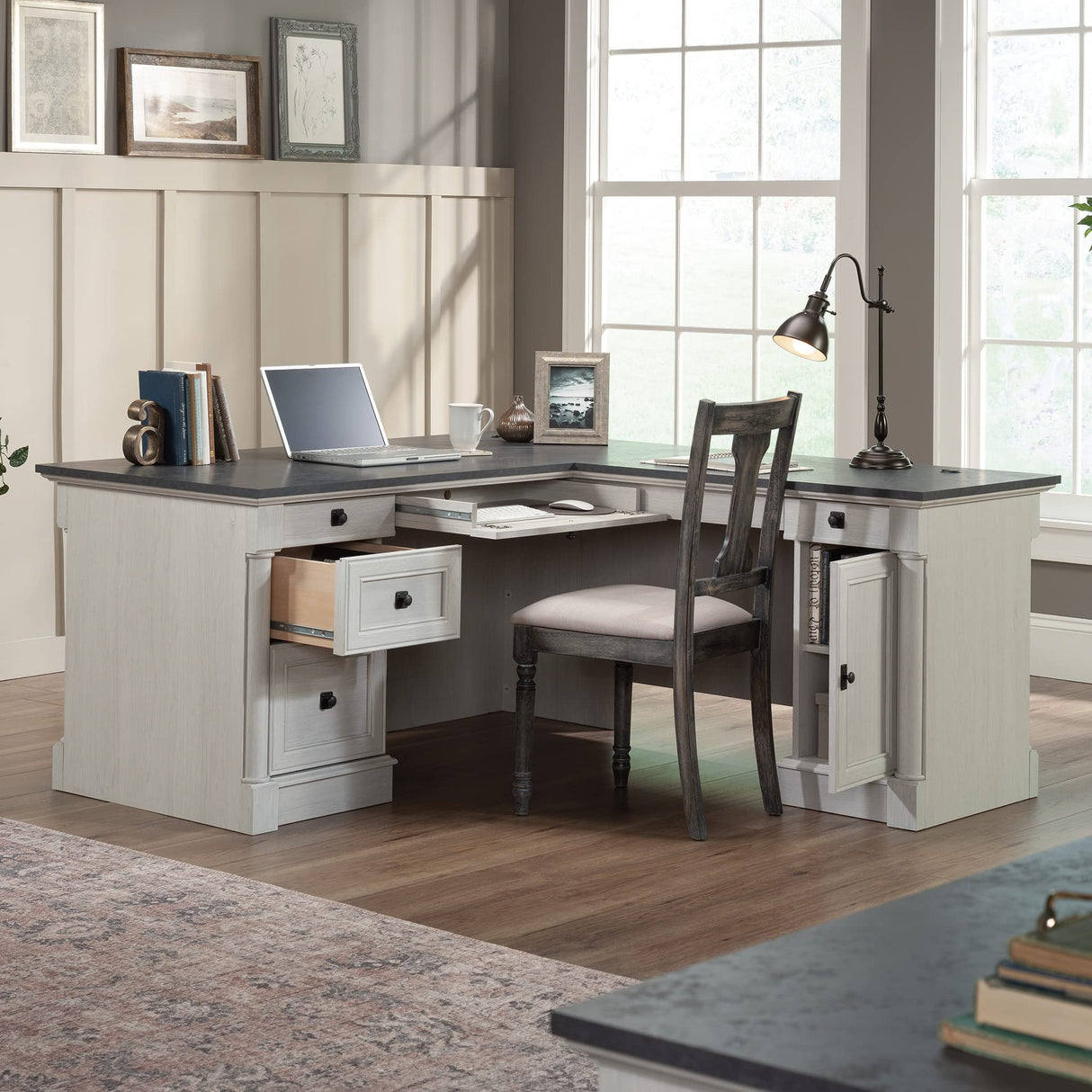 Sauder Palladia L-Shaped Home Office Desk, L: 68.74" x W: 65.12" x H: 29.61", Glacier Oak Finish Sauder
