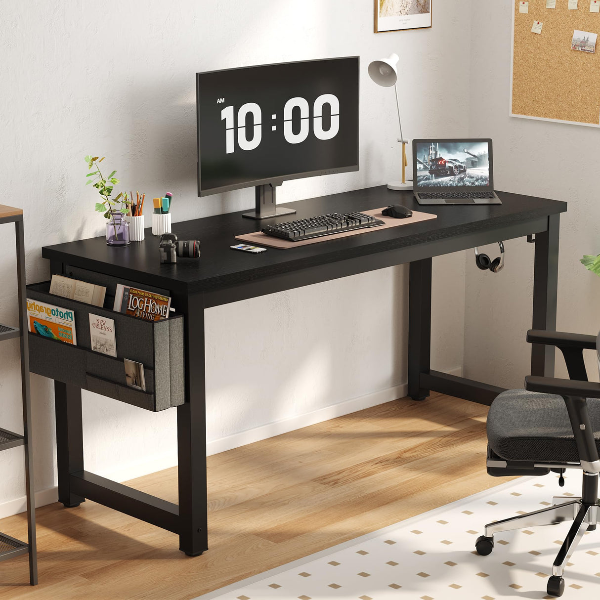 SURMIO Large Computer Desk - 63 Inch Home Office Desk Study Student Writing Table Gaming Desk Wood Modern Simple Table with Storage Bag & Headphone Hooks, Black SURMIO