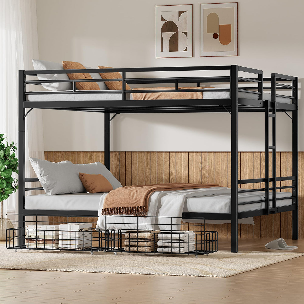PVWIIK King Over King Bunk Bed with Drawer and Guardrails for Adult Teenagers Bedroom,Metal Bed Frame w/Ladder for Girls, Boys,Modern Style Bed/No Box Spring Required,Black PVWIIK