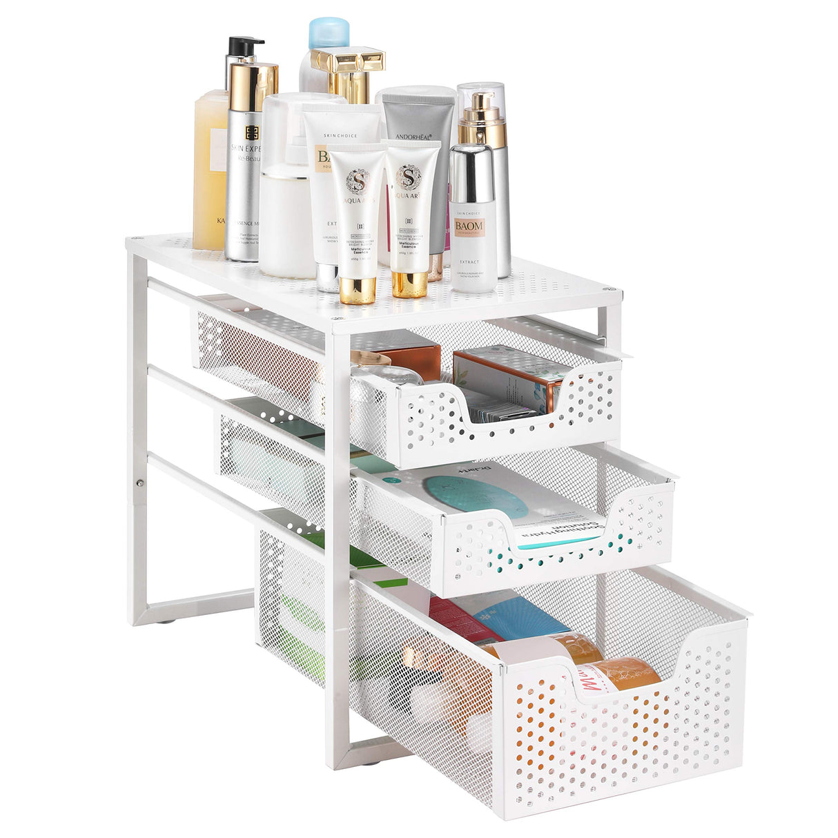 Simple Trending 3-Tier Under Sink Cabinet Organizer with Sliding Storage Drawer, Desktop Organizer for Kitchen Bathroom Office, Stackbale,White Simple Trending
