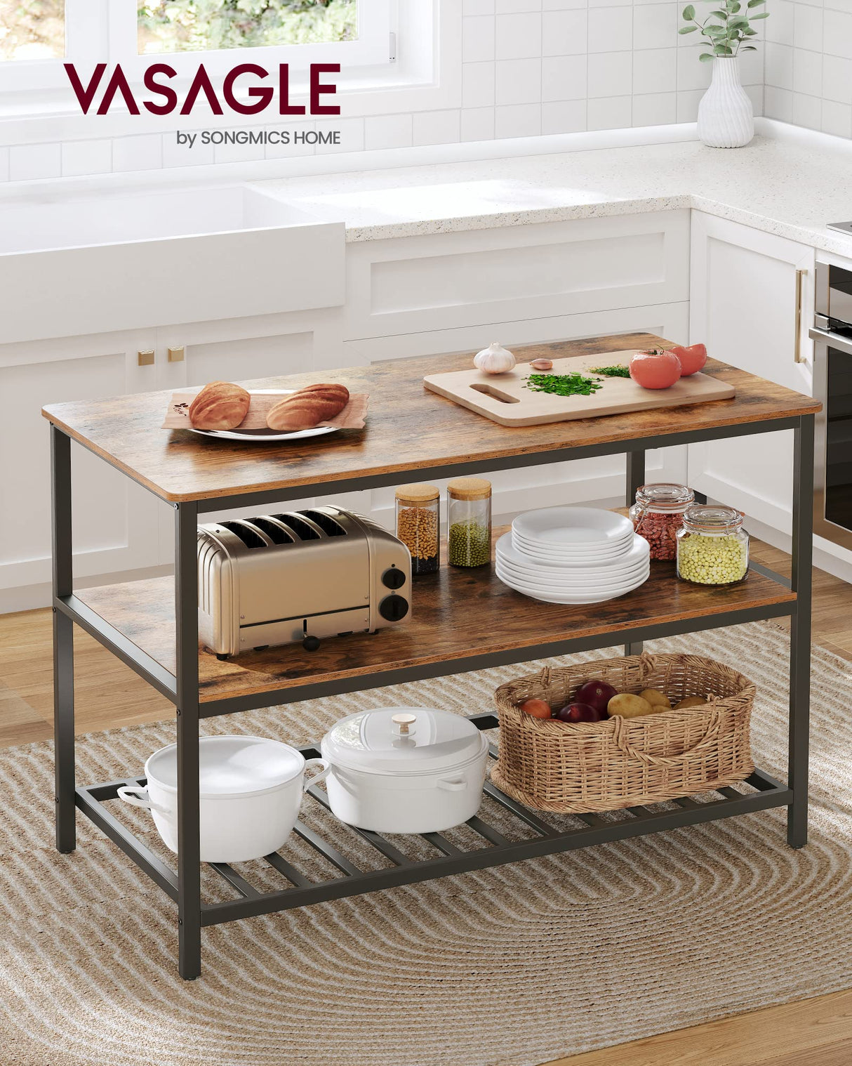 VASAGLE Industrial Kitchen Island with 3 Shelves and Large Worktop in Rustic Brown and Black VASAGLE