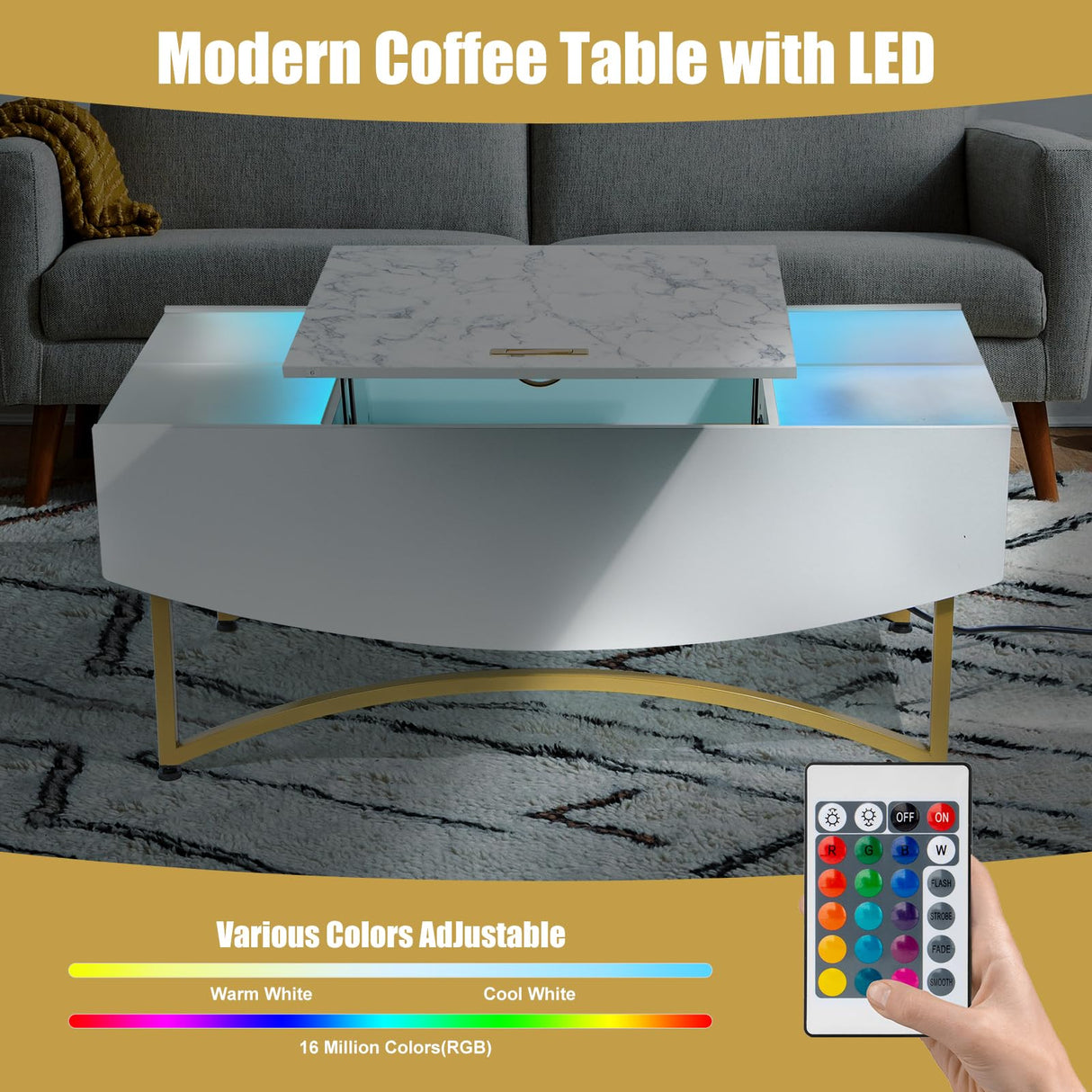 White and Gold Lift Top Coffee Table with Charging Station and LED Lights - 40" Lร20" Wร17" H Large Rectangle Marble Coffee Table Lift Top for Living Room, Glass & Marble-Pattern Tabletop, Metal Leg Caredear