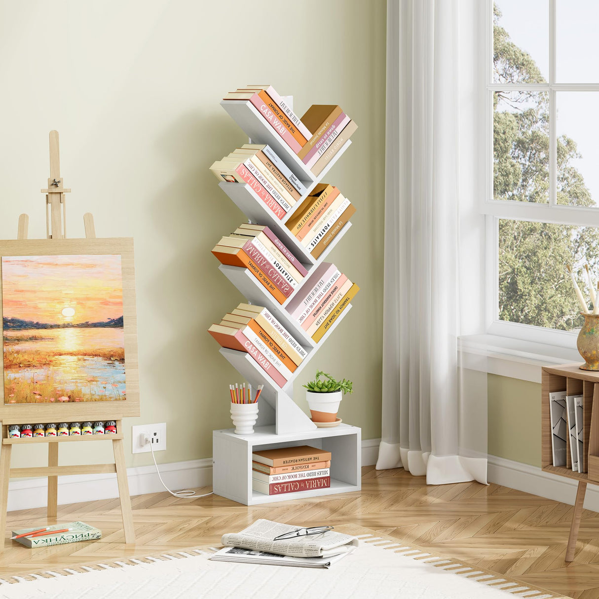 Hoctieon 6 Tier Tree Bookshelf, Tall Bookcase with Drawer, Freestanding Book Shelf with LED Lights, Display Floor Standing Storage Shelf, Book Organizer Shelves for Home Office, Living Room, White Hoctieon