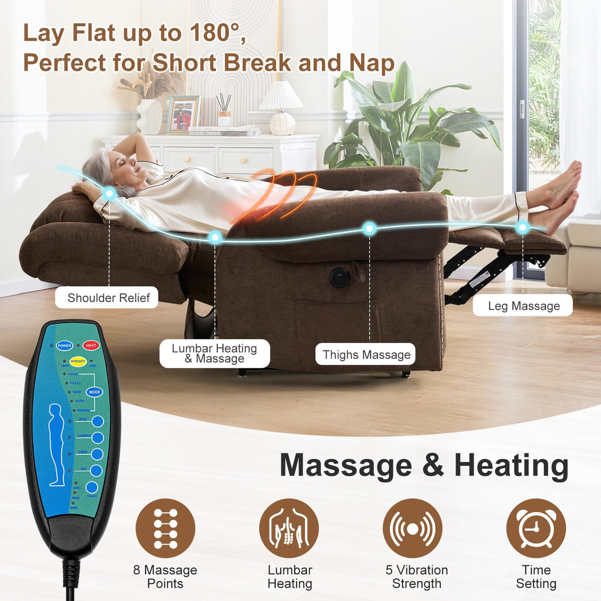 HUSFU Dual Motor Lay Flat Power Lift Recliner Chair for Elderly with Heat and Massage, Infinite Position Large Recliner Chairs w/USB Ports and Remote Control,Chenille,Brown HUSFU