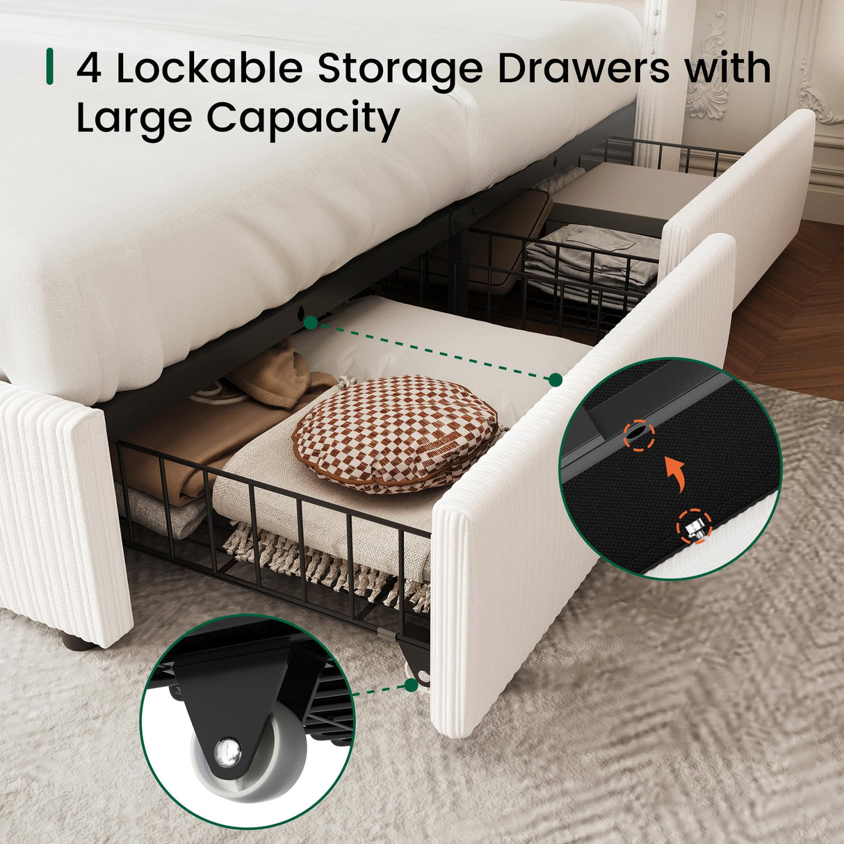 LARMACE King Size Bed Frame with 4 Storage Drawers Modern White Corduroy Upholstered Platform Bed Frame with Headboard Tufted Vertical Stripe &Wooden Slats Support, No Box Spring Need,Easy Assembly LARMACE