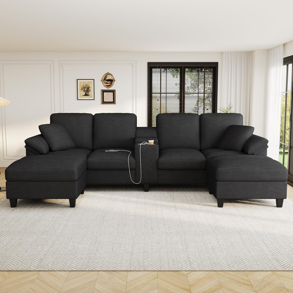 Merax 116.9" Modern U-Shaped Sofa Sectional Sofa Corduroy Upholstered Sofa Couch with Storage Ottomans, Cup Holders and USB Ports for Living Room, Black Merax