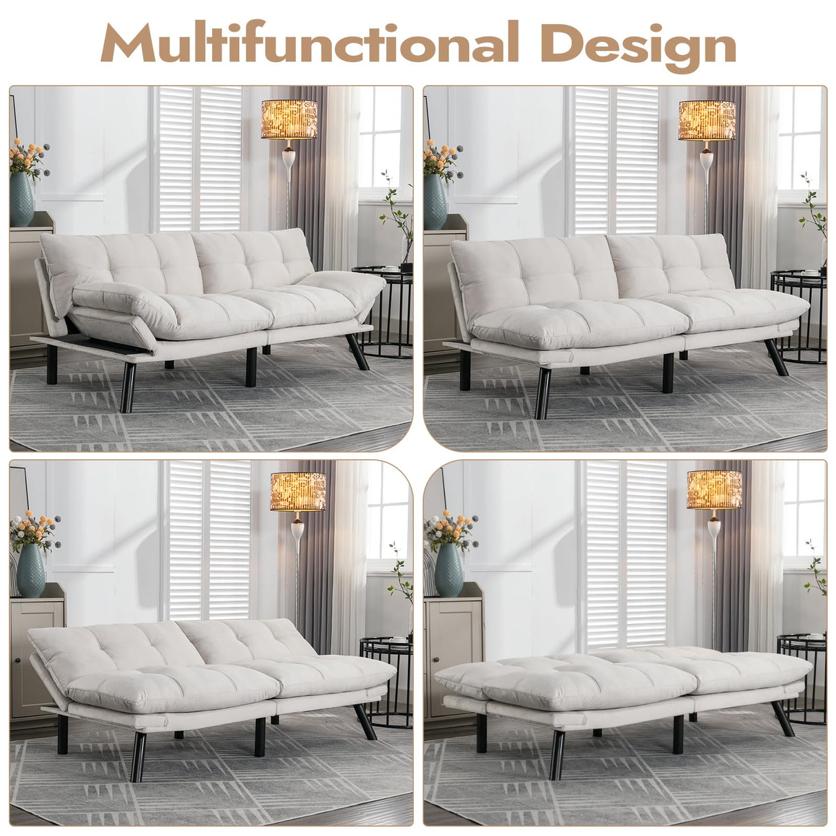 Edbuosy Comfortable Futon Sofa Bed, Memory Foam Loveseat, Convertible Adjustable Sofa Bed CouchSuitable for Office, Home, and Bedroom (White) Edbuosy