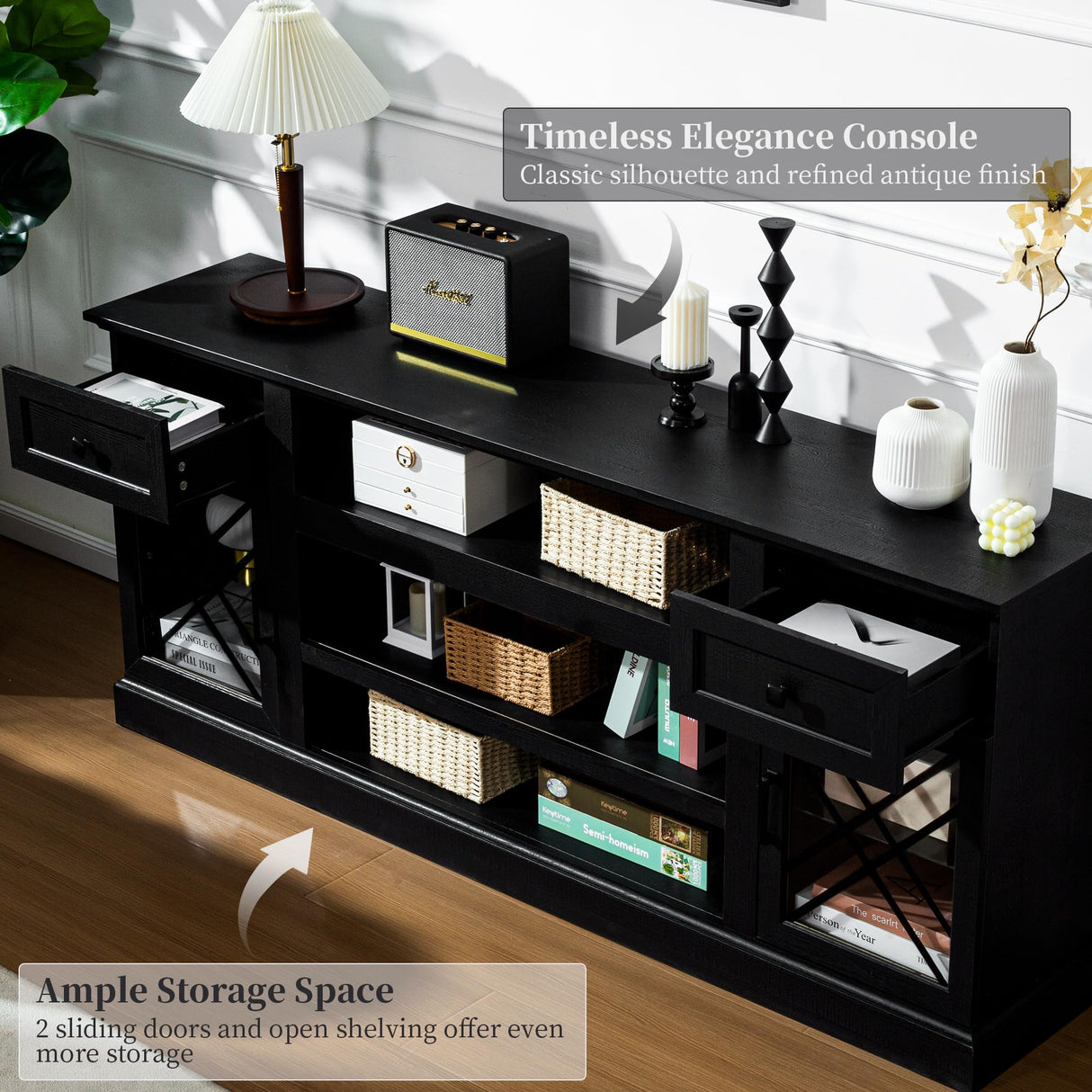 ENOUSHU 70 Inch Farmhouse TV Stand Table for 75 80 inch TV, Modern Entertainment Center with LED Lights and Glass Doors, Wooden Black TV Stands for Living Room ENOUSHU