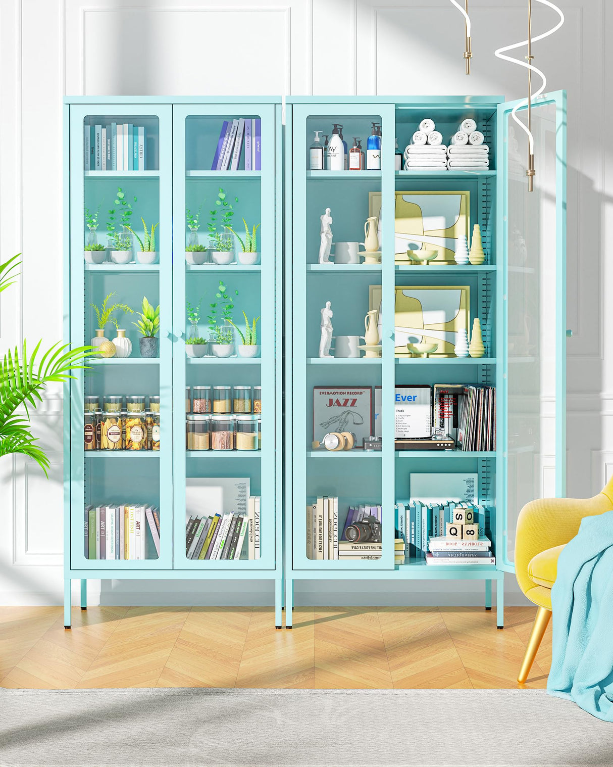 Bonusall Display Cabinet with Glass Doors,67” Metal Display Curio Cabinet with Glass Doors and 4 Adjustable Shelves for Collectibles,Home Office,Living Room,Gaming Room(Blue) Bonusall