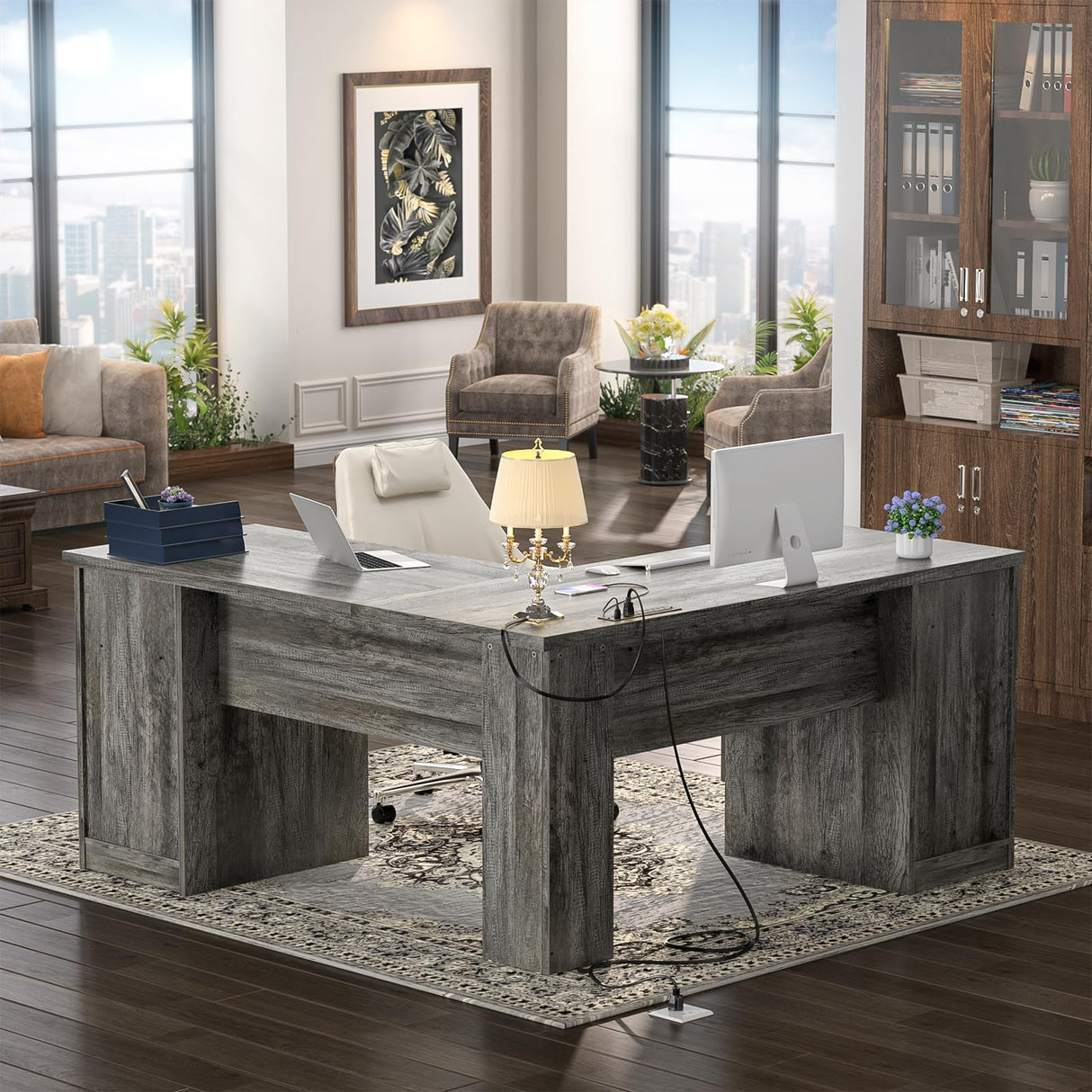 Unikito L Shaped Desk with Drawers, 60 Inch Corner Computer Desks with USB Charging Port and Power Outlet, Large 2 Person Home Office Table with File Cabinet, Black Oak Unikito