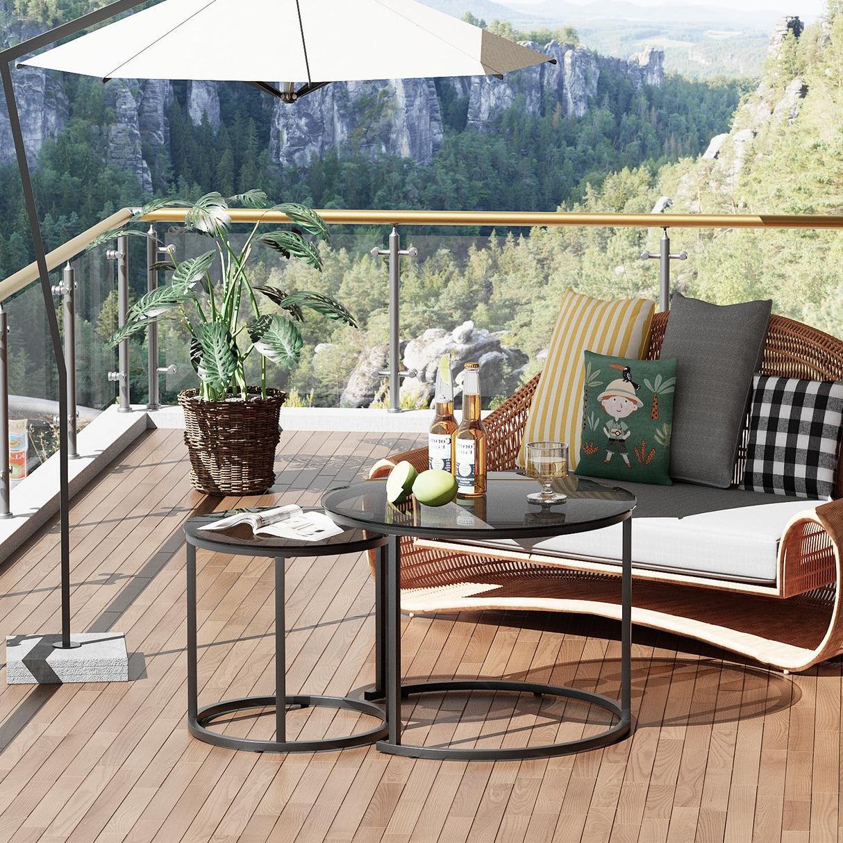 aboxoo Nesting Coffee Table Grey Glass Table Set of 2, Small Round Glass Nesting Tables for Living Room Bedroom, Accent Tea Table with Metal Frame Modern Industrial Simple aboxoo