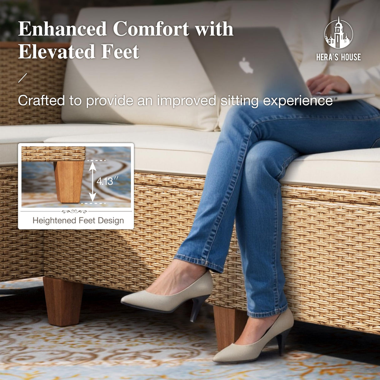 HERA'S HOUSE Small Patio Furniture Set, All Weather 3 Pieces Wicker Outdoor Sectional Set,Yellow Rattan Conversation Set with Lounge Sofa and Coffee Table for Lawn, Garden HERA'S HOUSE