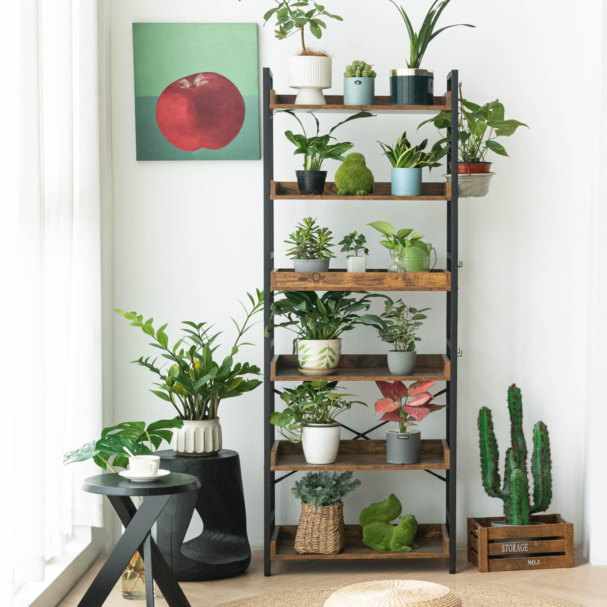 HCHQHS Adjustable 6 Tier Open Bookcase, Rustic Farmhouse Book Shelves, Industrial Wood and Black Metal Bookshelves, Mid Century Bookcase for Home Office Living Room Bedroom HCHQHS