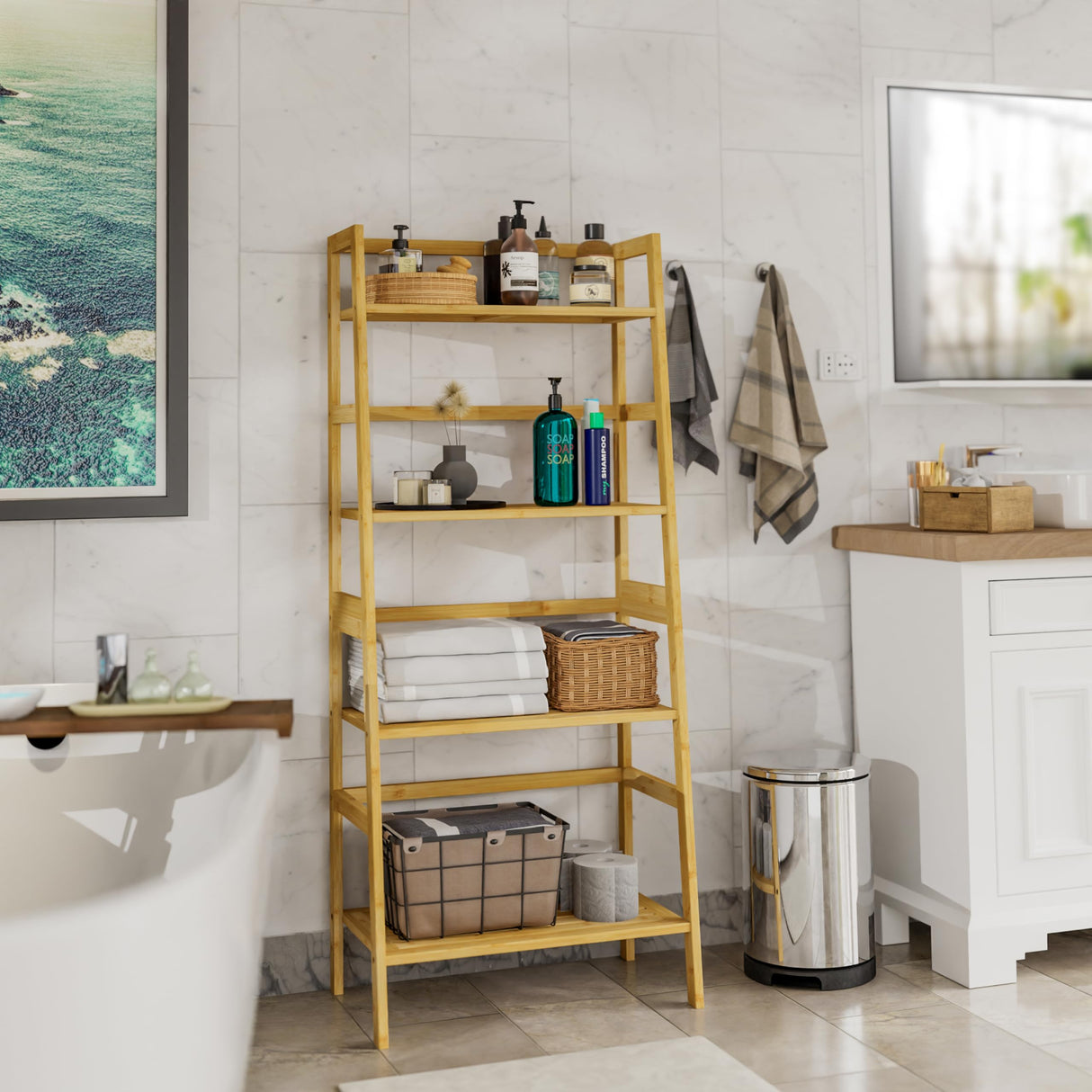 HITNET Bamboo 4-Tier Ladder Shelf - Versatile Storage & Display Rack for Home & Office HITNET