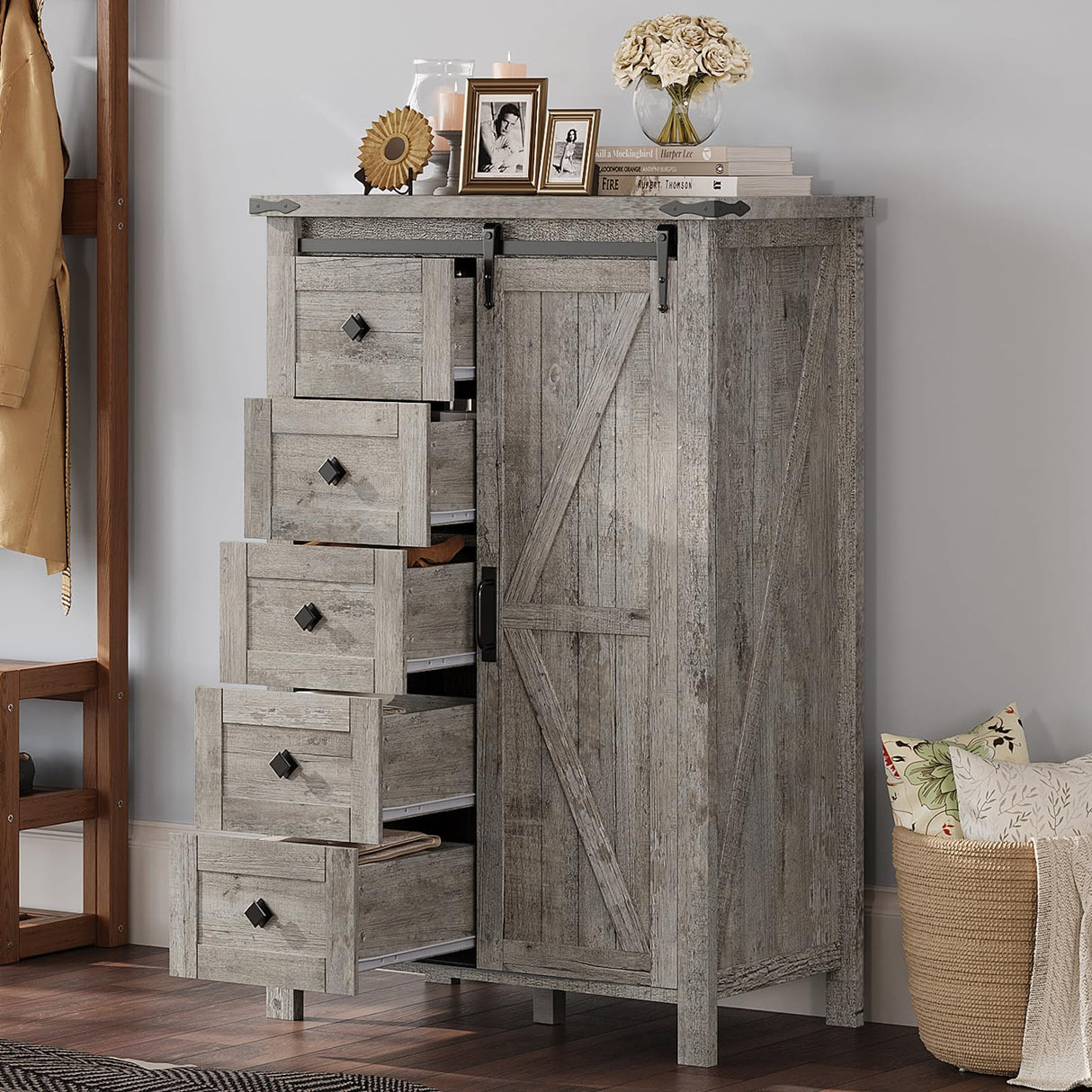 AMERLIFE 31.5'' Farmhouse Dresser with Sliding Barn Doors, 48" Rustic 5 Drawer Tall Dresser, Storage Organizer for Bedroom, Entryway, Light Rustic Oak AMERLIFE