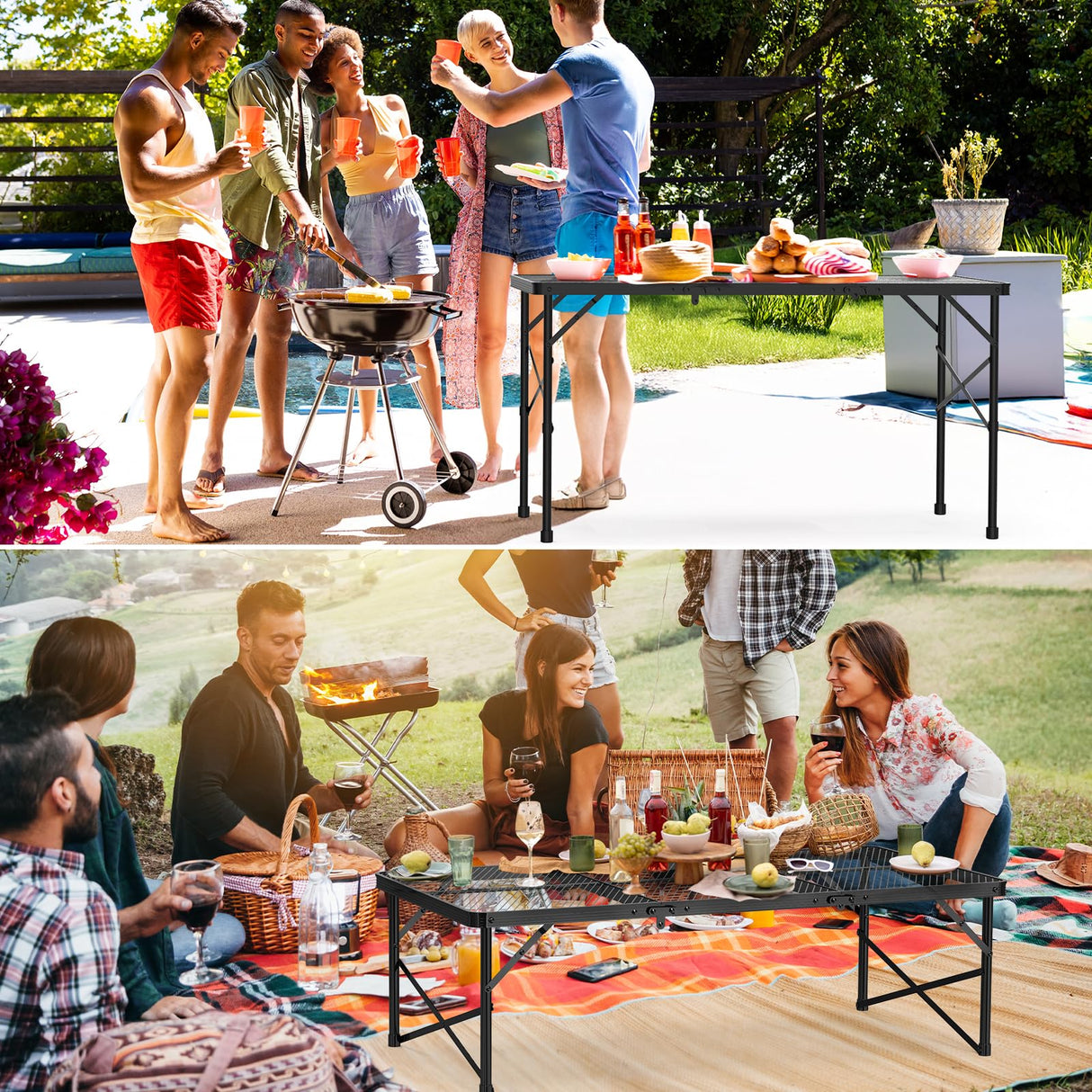 WildFinder Folding Gril Table, 4x2 FT Camping Table with Mesh Desktop,Height Adjustable Folding Grill Table with Mesh Bag,Portable Outdoor for Picnic,Camping,BBQ,Beach(Black) WildFinder