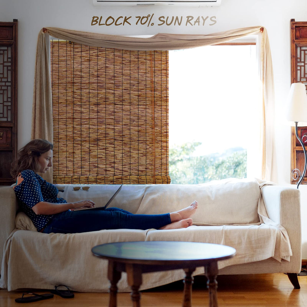 Tgzwme 2 Pack Retro Bamboo Roll-up Reed Shades - 47" W x 71" H Natural Light Filtering Window Blinds Tgzwme