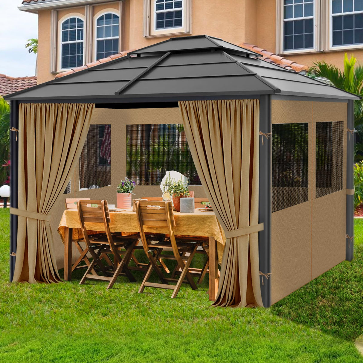 Gazebo Privacy Curtain 10'x10', Replacement Curtains with Mosquito Net Windows, 4-Panels Side Wall, Zippers, Waterproof Outdoor Curtains for Patio, Canopy, Garden and Backyard, Khaki (Curtain Only) Bstge