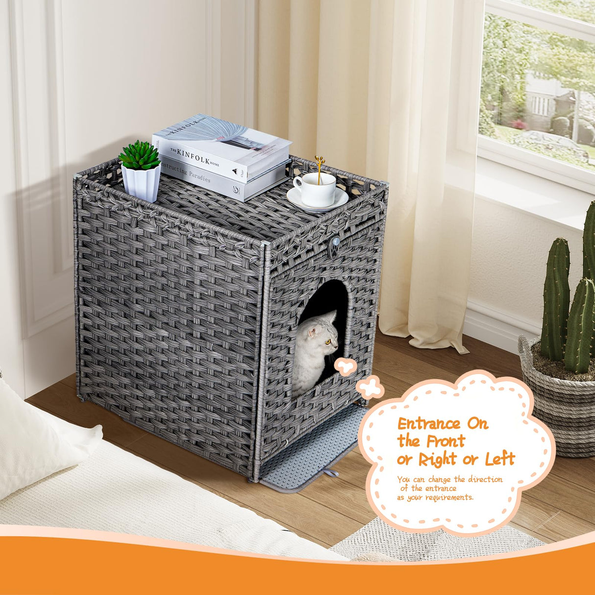 Snughome Cat Litter Box Enclosure with Cat Litter Mat, Hidden Cat Washroom Furniture with Door, Handwoven Rattan Cat Washroom Box, Indoor Pet House Storage for Living Room, Bedroom, Balcony (Grey) Snughome