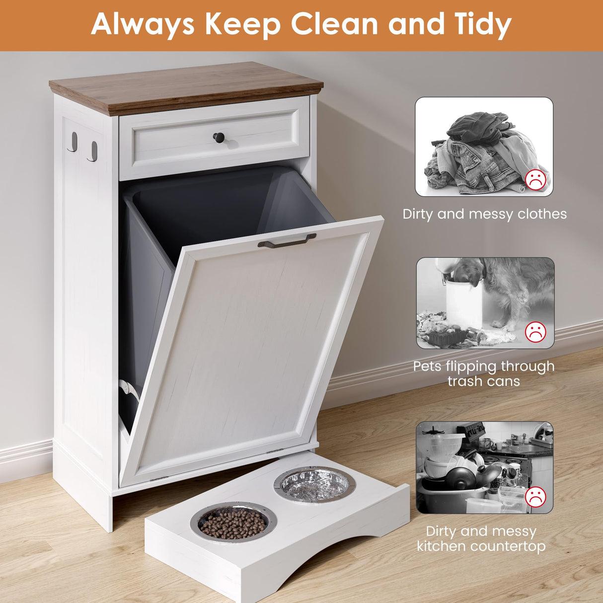 NEWOWNDS Tilt Out Trash Can Cabinet 10 Gallon Hidden Trash Garbage Can Cabinet with Drawer,Waterproof Cutting Board,Pet Proof Hidden Garbage,Pet Feeding Bowls for Kitchen,Laundry Bathroom,White NEWOWNDS