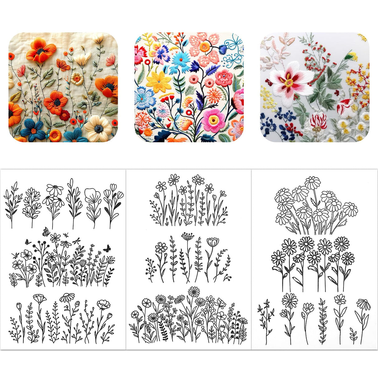 JIYIN 3 Sheets of Water Soluble Embroidery Stabilizers, A4 Water Soluble Stabilizer for Embroidery Patterns, Adhesive Daisy Leaves Butterfly Embroidered Transfer Paper Washable for Hand Sewing JIYIN