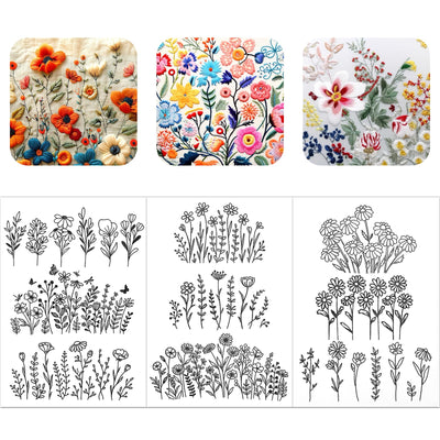 JIYIN 3 Sheets of Water Soluble Embroidery Stabilizers, A4 Water Soluble Stabilizer for Embroidery Patterns, Adhesive Daisy Leaves Butterfly Embroidered Transfer Paper Washable for Hand Sewing