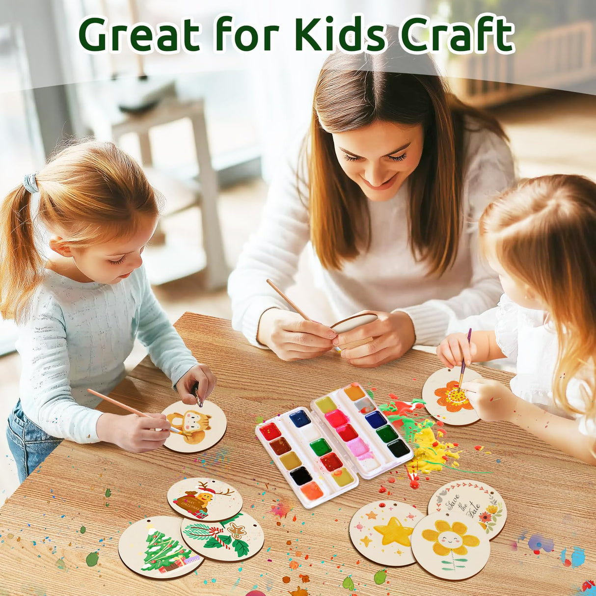 Philorn 50pcs Wooden Ornaments for Crafts 3.5" Unfinished DIY Wooden Christmas Ornaments, Predrilled Wood Slices Circles for Crafts Paint Holiday Hanging Decorations (50pc Rounds) PHILORN