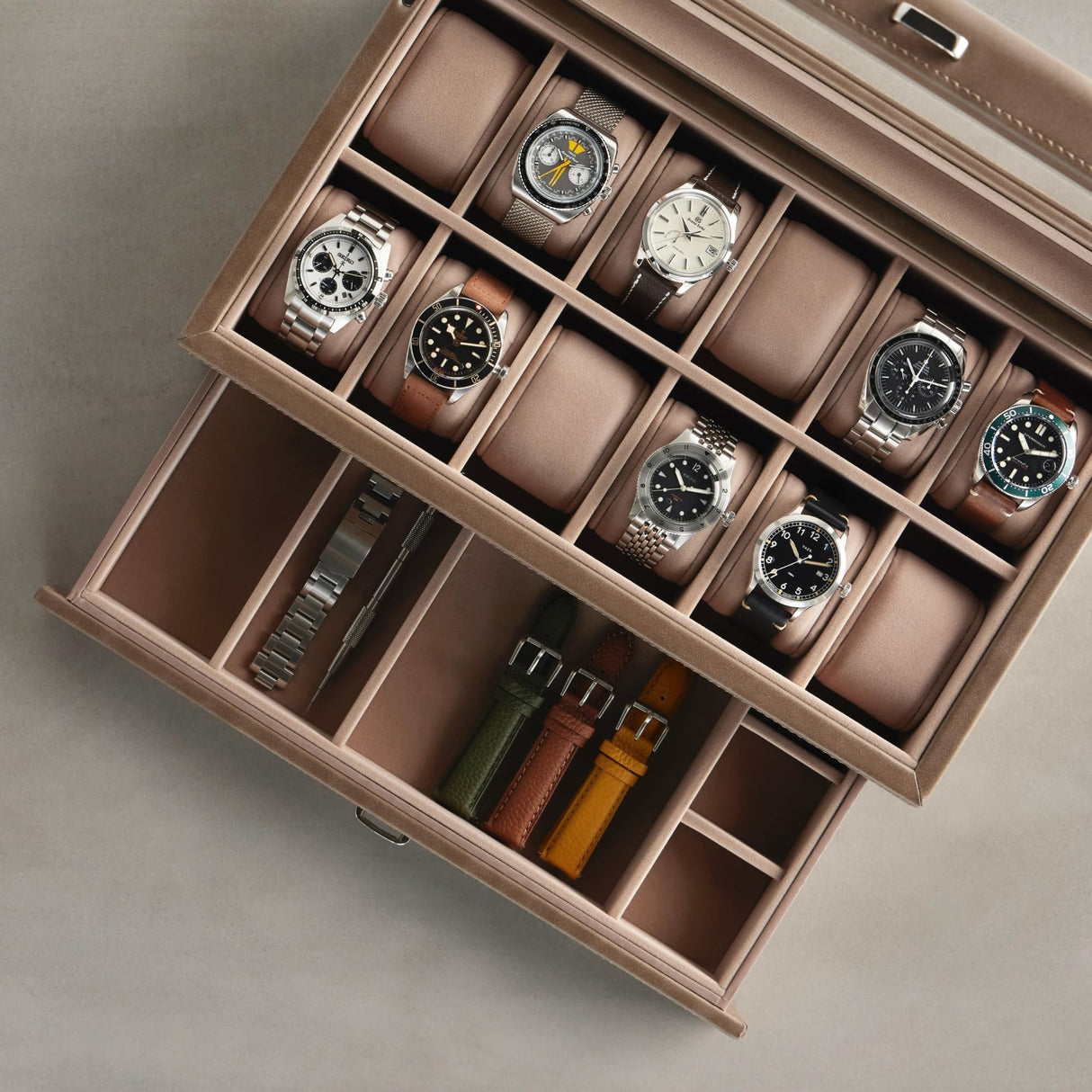 TAWBURY 12 Slot Watch Box with Storage Drawer – Premium Watch Storage Case for Men & Women | Handcrafted from PU Leather & Engineered Wood | Wrist Watch Display Case (Taupe) TAWBURY