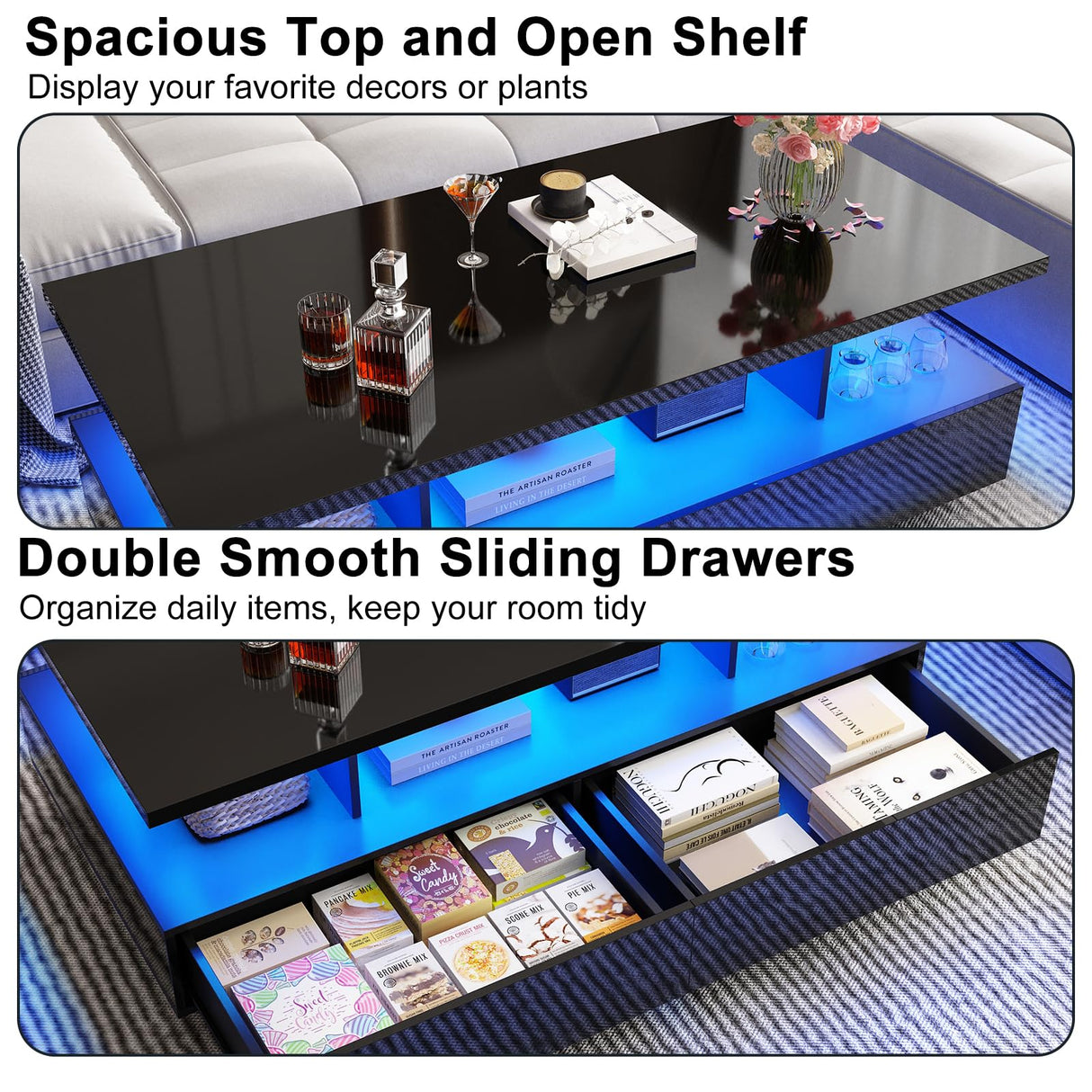 jiteentarou LED Coffee Table w/ 2 Storage Drawers,App Control,High Glossy Modern Black Coffee Table w/60,000-Color Lights,Rectangle 2-Tier Center Table w/Display Shelf for Living Room jiteentarou