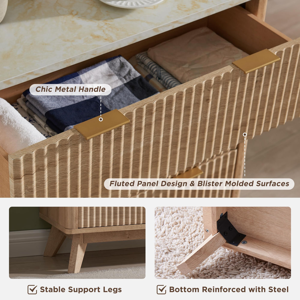 T4TREAM Fluted 6 Drawers Dresser, 54" Wide Modern Chest of Drawers with Faux Marble Top, Curved Profile Design, Dresser TV Stand, Wood Drawer Organizer for Bedroom, Living Room, Hallway, Natural Oak T4TREAM