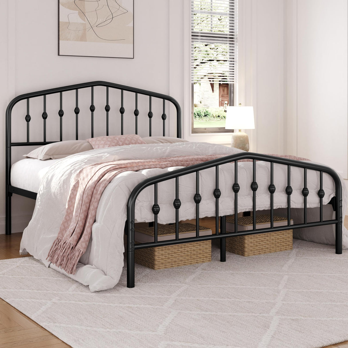 Elegant Victorian-Style Black Metal Queen Bed Frame with Crown Headboard and Easy Assembly Yaheetech