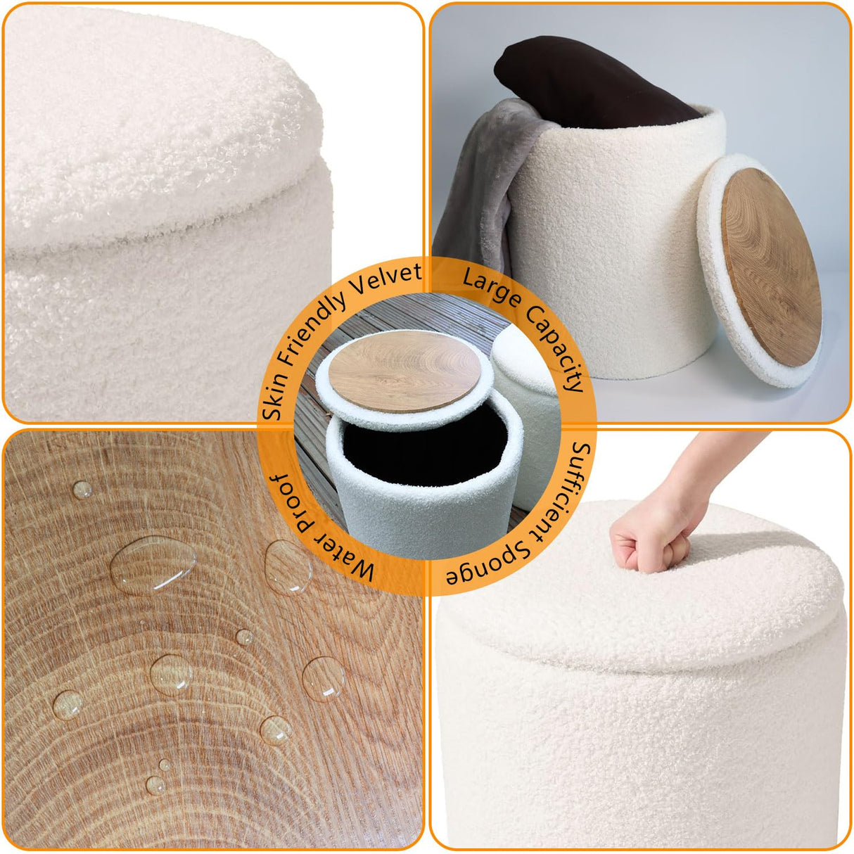 Ottoman Poufs with Storage, Set of 2 Soft Upholstered Vanity Stool,Multifunctional Ottomans Coffee Table Padded Seat Foot Rest for Living(White, Pack of 2) Cmishe