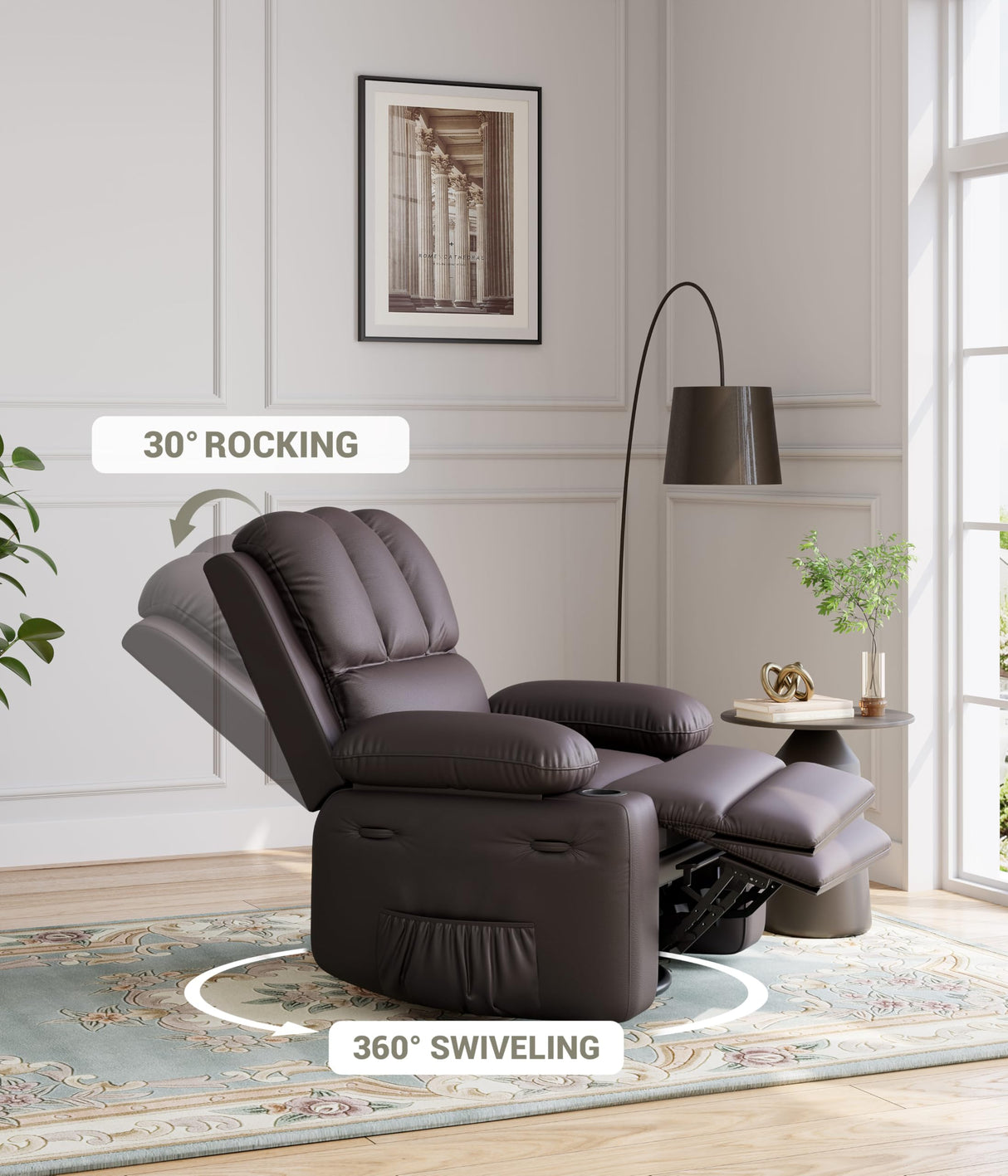 FinerFurnis Large Leather Manual Recliner Chair with Comfortable Arms and Built-in Cup Holders, Spacious 21.2 Inch Seat Width, Perfect for Living Room Relaxation and Entertainment FinerFurnis