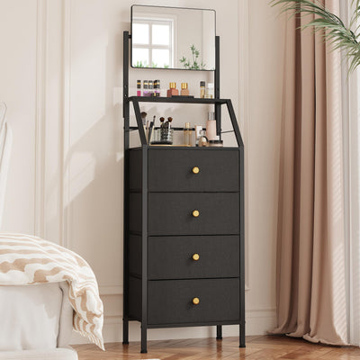HIGDBFE Dresser with Mirror, 4 Drawers Dresser with 2-Tier Shelves, Freestanding Fabric Chest of Drawers for Small Space, Tall Narrow Nightstand Vanity for Bedroom, Hallway, Dorm, Black, 15.3" W