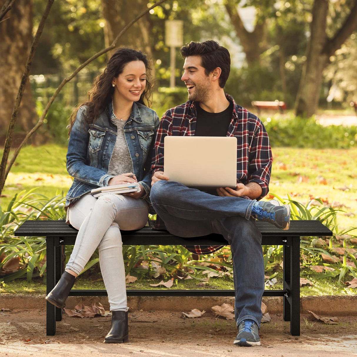 Giantex 2-Person Outdoor Bench Seat - Backless Patio Garden Bench, 47” Weatherproof Outside Chair with Slatted Seat, Metal Frame, 660 LBS Capacity, Dining Bench Chair for Yard, Park, Balcony, Black Giantex