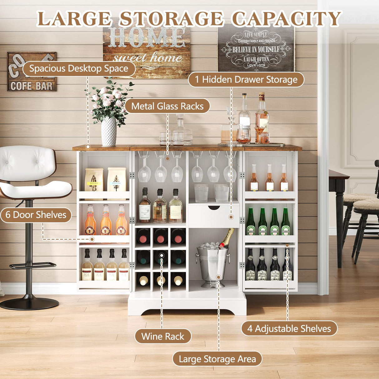 LUXOAK Farmhouse Expandable Wine Bar Cabinet, 61" Home Bar Unit with Foldable Tabletop & Barn Door, Coffee Bar Cabinet with Wine & Glass Holder, Liquor Cabinet/Mini Bar/Buffet Cabinet, White LUXOAK