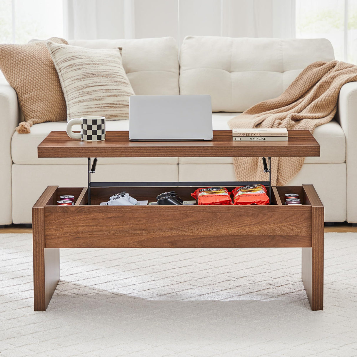 Small Lift Top Coffee Table, Wood Rectangle Coffee Table with Lifting Top and Hidden Storage Compartment, Mid Century Modern Center Tables for Small Space, Living Room, Office (Walnut) QHITTY