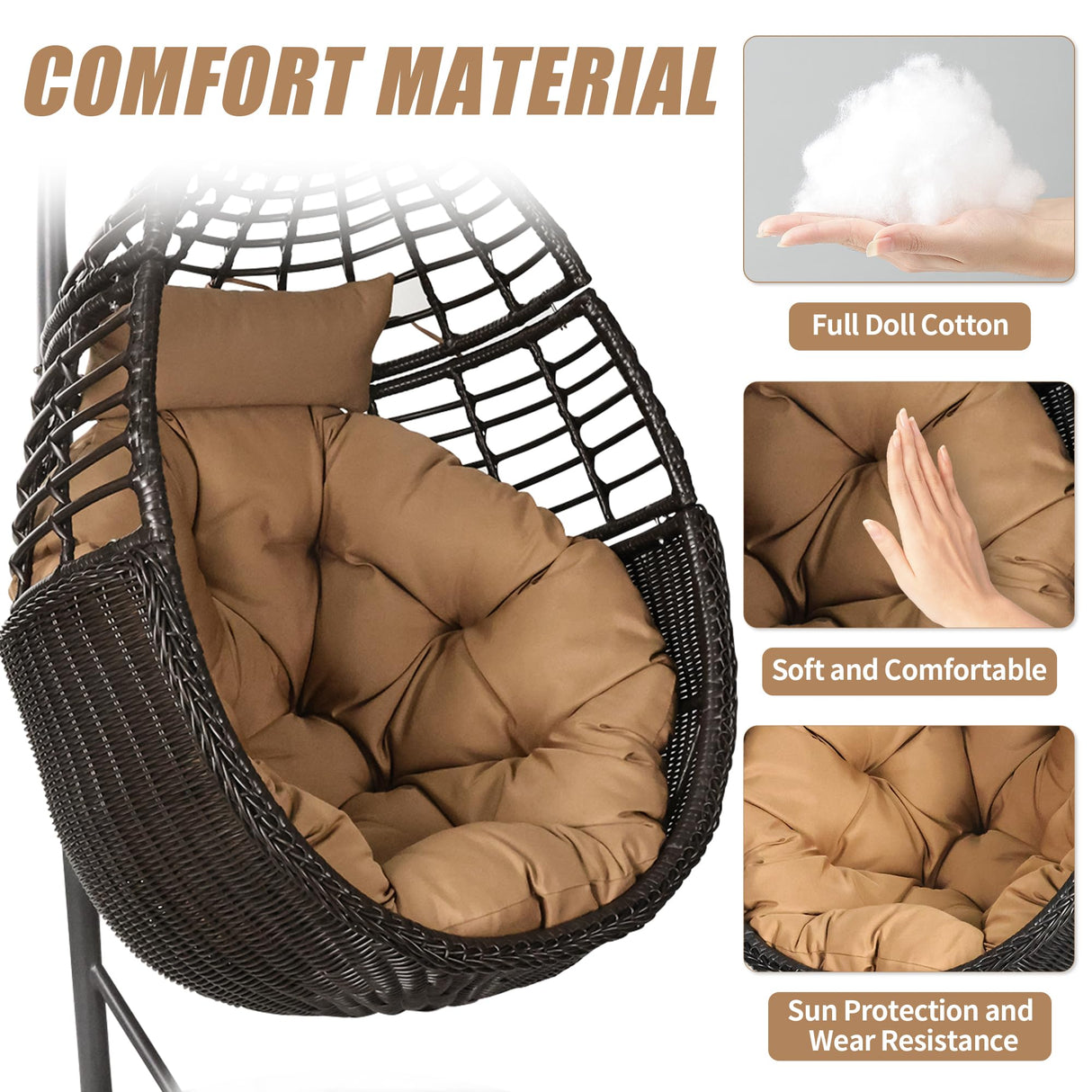 TWT Hanging Egg Chair with Stand, 330lbs Capacity Patio Wicker Egg Swing Chair with UV Resistant Cushion for Bedroom Garden Indoor Outdoor (Dark Brown) TWT