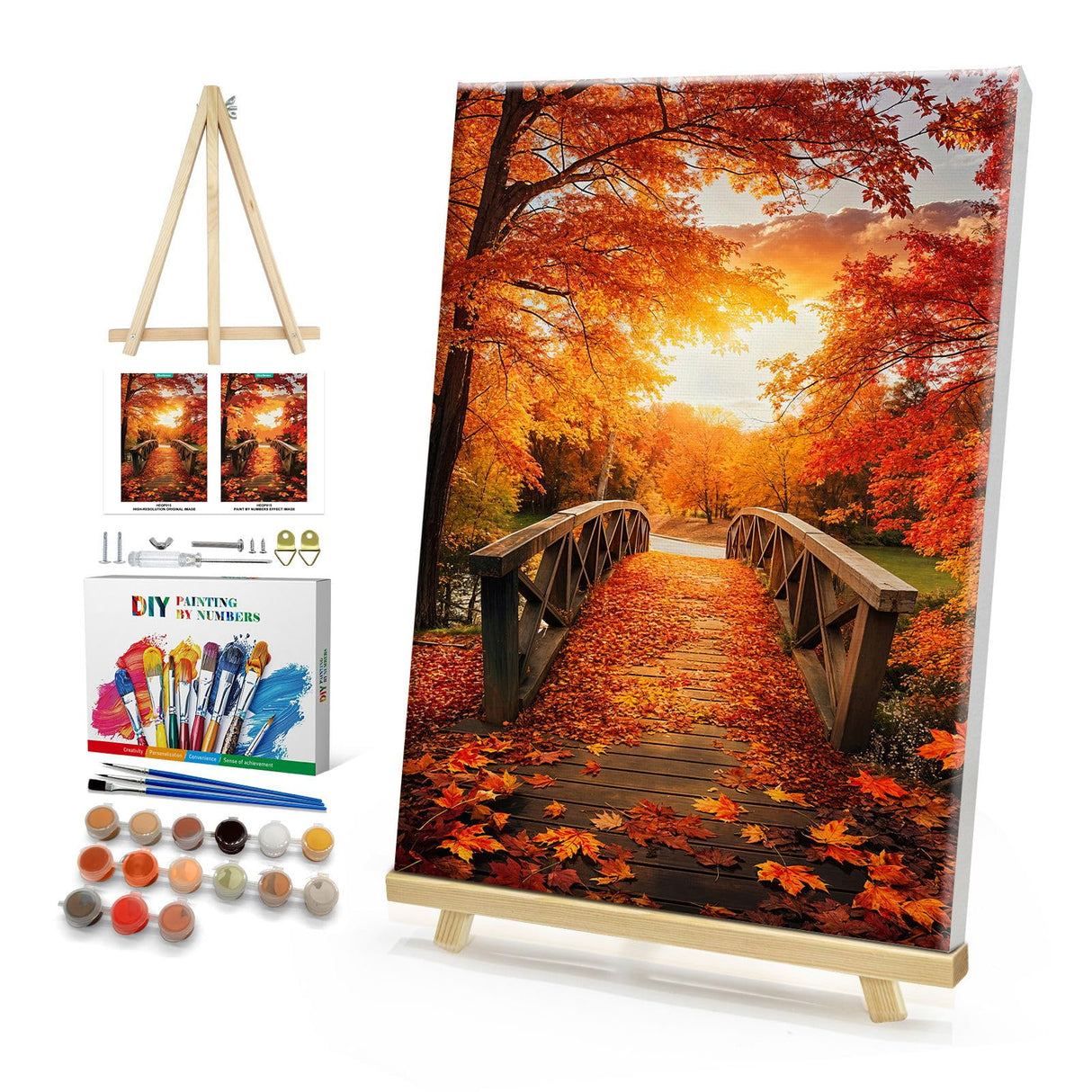 HeeBenor Framed Paint by Numbers Kit for Adults, Autumn Leaves Paint by Numbers Kit for Adults with Easel, DIY Landscape Paint by Number with Frame, Adult Paint by Number Kits Framed Canvas 8x12 Inch HeeBenor