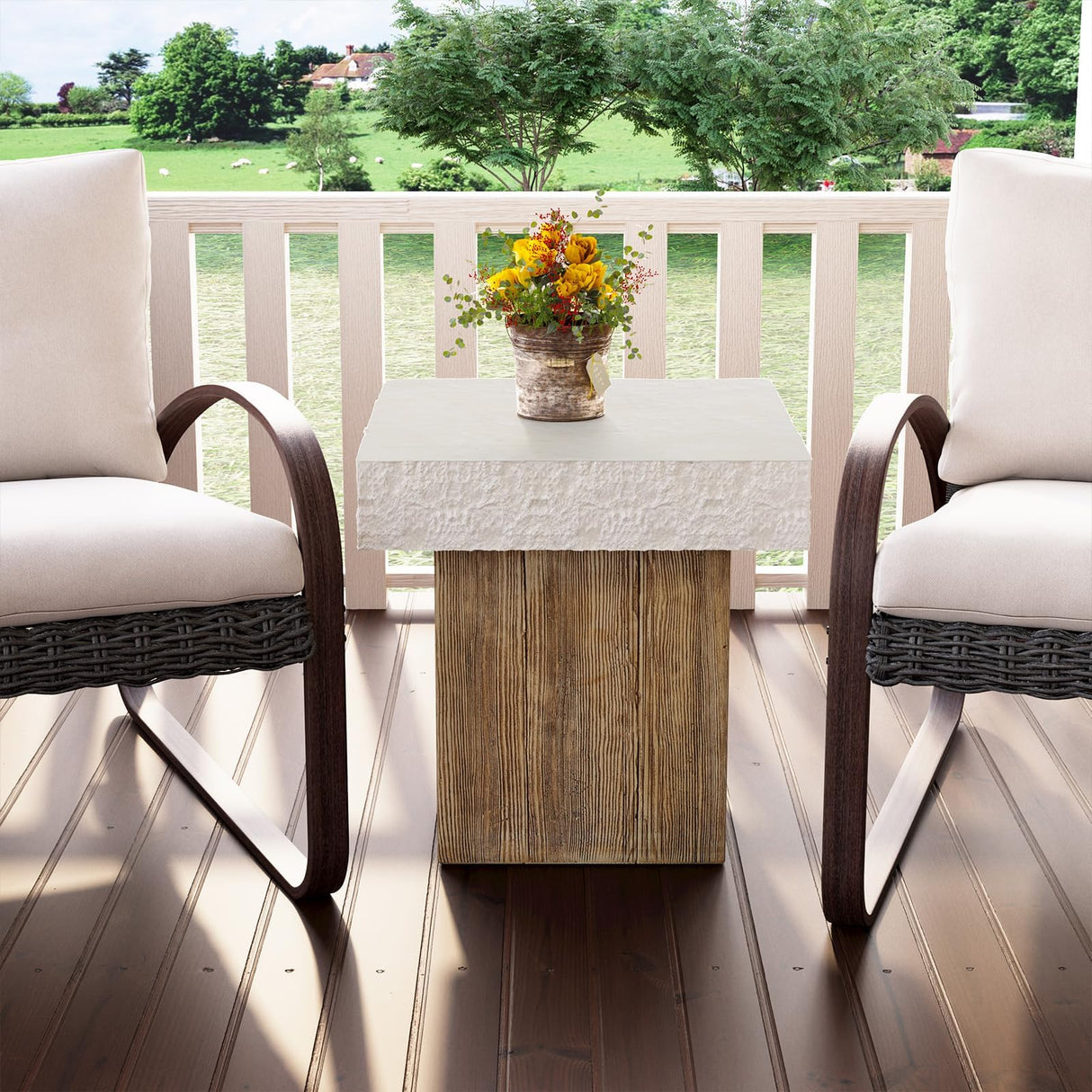 COSIEST Outdoor Medium Side Table, Patio Coffee Table, 19.7 inches Square MgO End Stool with Faux Wooden Pedestal Base,for Patio, Garden, Backyard, Antique Beige COSIEST