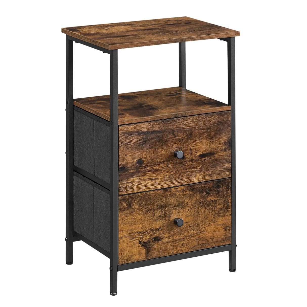 VASAGLE Nightstand, 24-Inch Tall Side Table with 2 Fabric Drawers and Storage Shelf, for Bedroom, Rustic Brown and Black ULGS025B01 VASAGLE