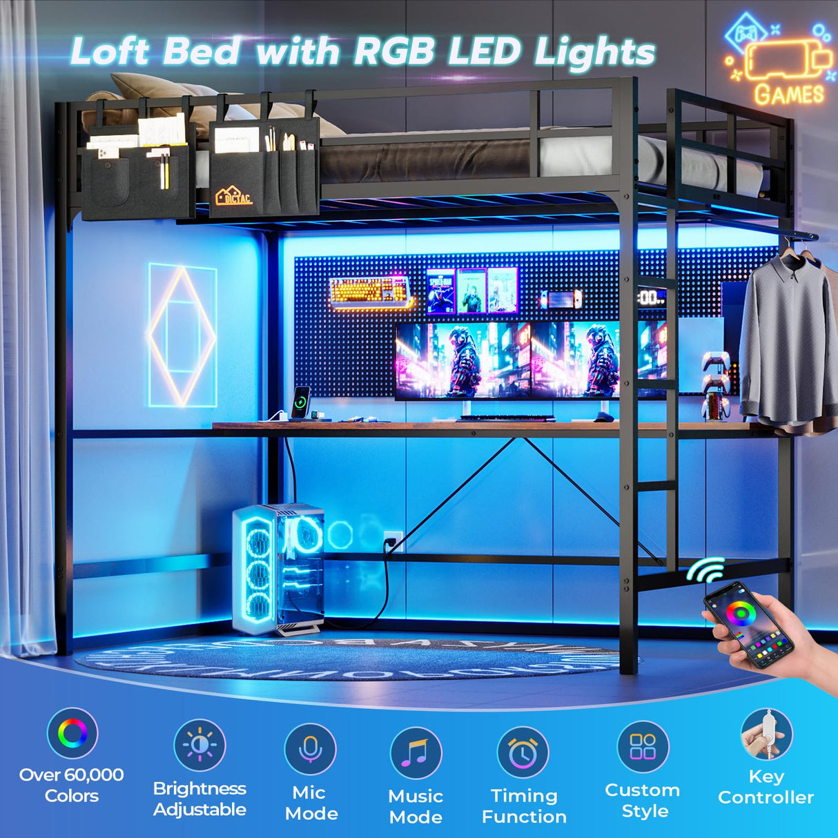 DICTAC Loft Bed Full Size with Desk and Led Lights Full Metal Loft Bed with Charging Station Full Size Metal Bed Frame with Safety Guard & Ladder, Space-Saving,No Noise,No Box Spring Needed, Black DICTAC