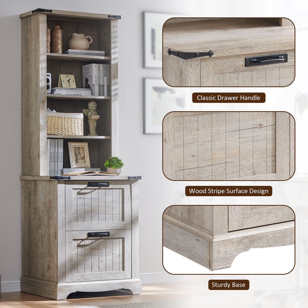 OKD 72" Tall Bookshelf with 2 File Drawers, Farmhouse 4-Tier Bookcase with Storage, Adjustable Shelves & File Holder, Wood Rustic Deep Bookshelves for Home Office, Library (Light Rustic Oak) OKD