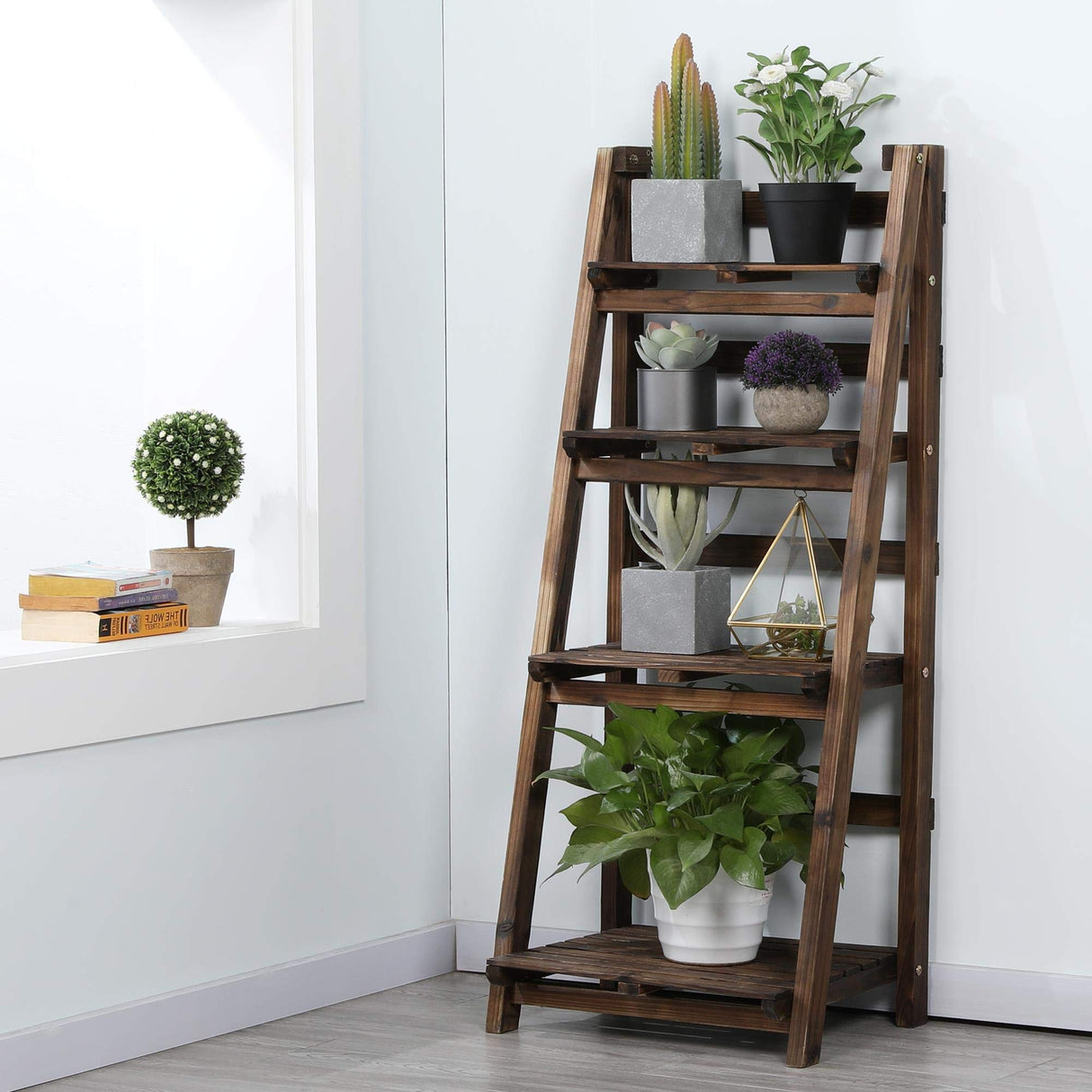 Yaheetech Wooden Foldable Ladder Shelf 4-Tier Magazine Holder Book Rack Plant Stand Folding Flower Display Pot Decorative Storage Free Standing Indoors/Outdoors Rustic No Assembly Required Brown Yaheetech