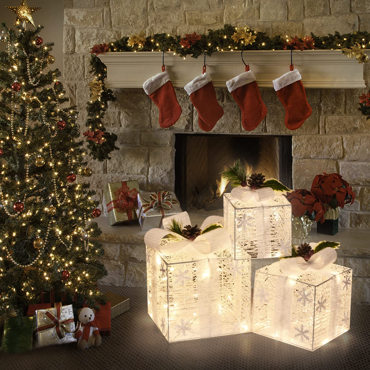 Bstge Christmas Lighted Gift Boxes, Set of 3 Christmas Decorations for Home, Light up Christmas Ornaments, Warm White LED with Bows for Indoor Party Holiday, Christmas Decor(Snow) Bstge