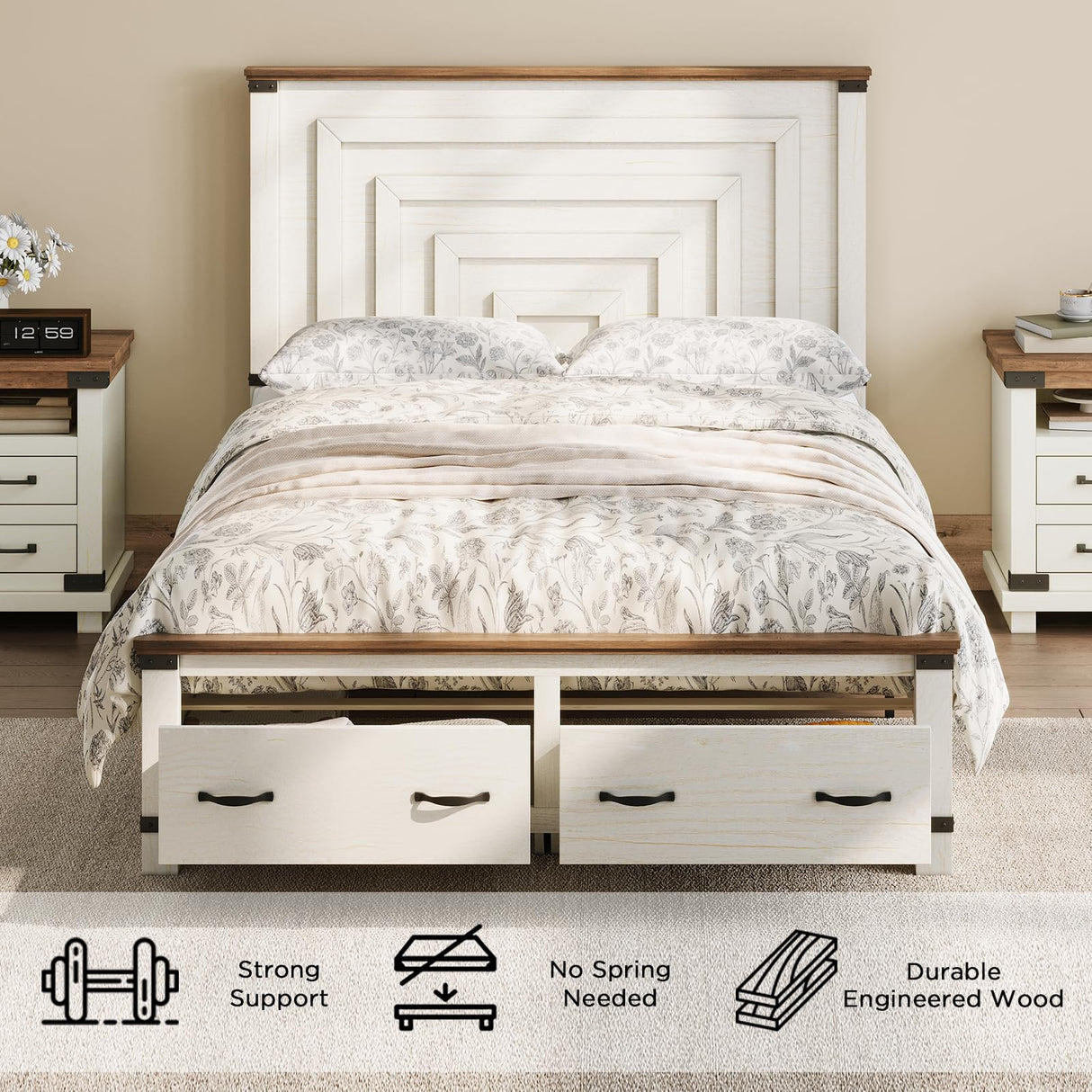 YUMPIE Farmhouse Full Size Bed Frame, 54 inch Tall Headboard with Wood Bed,Storage Platform Bed with 2 Large Storage Drawers, No Box Spring Needed, White YUMPIE