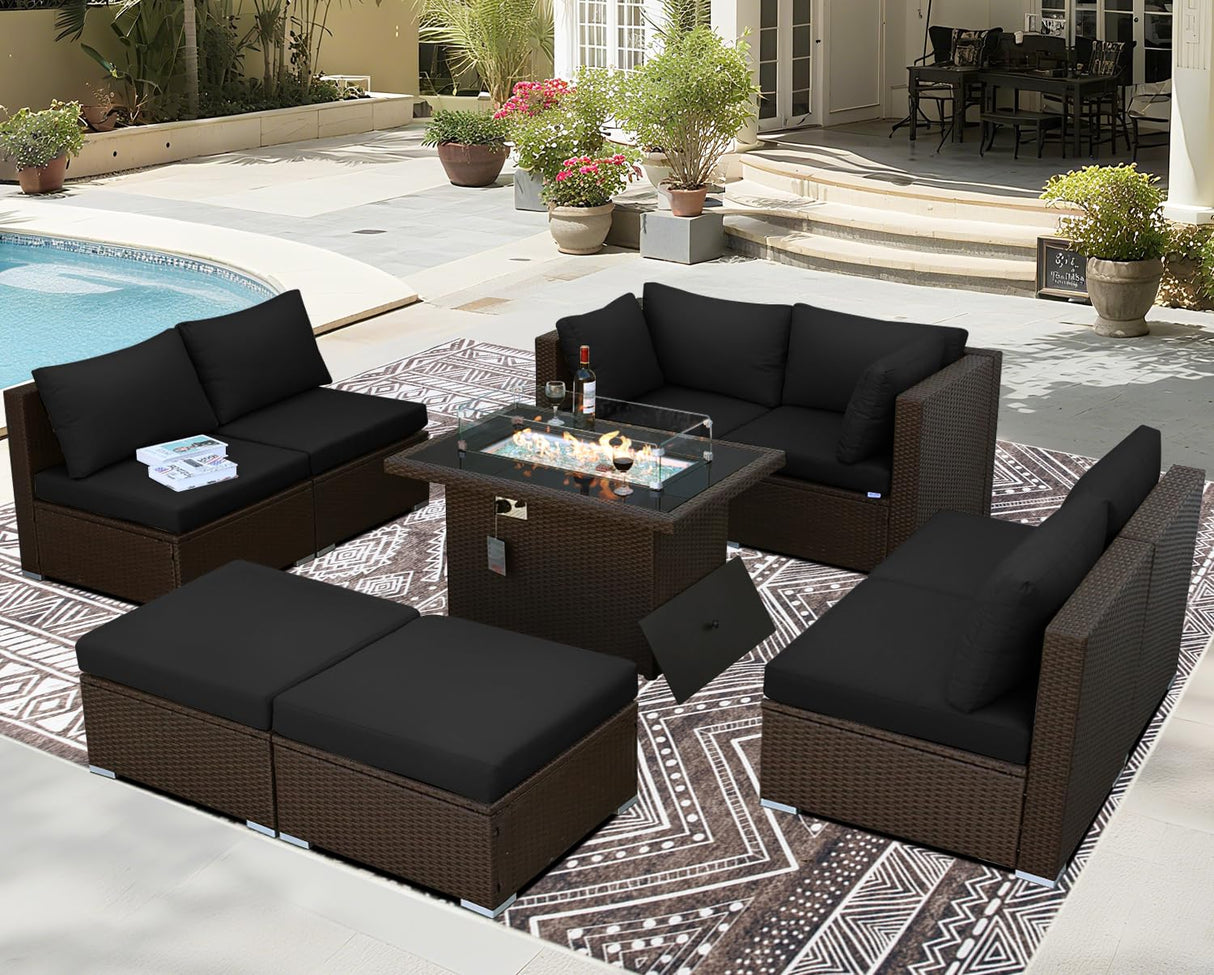 BULEXYARD 9 Piece Highback Patio Furniture Set with Fire Pit Table, Modern Modular Outdoor Sectional Couch Sofa with Ottoman, 8-Person Backyard Seating for Outside, Deck, Brown Wicker & Black Cushion BULEXYARD