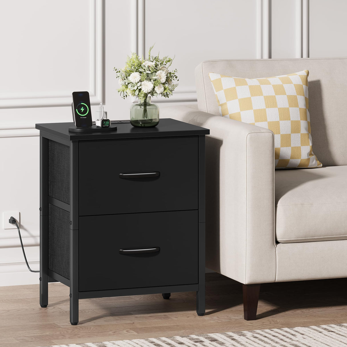 Vagusicc Nightstand Set of 2 with Charging Station, End Table Bedside Table with Power Outlet & USB Ports, Side Table with 2 Fabric Drawers for Bedroom, Living Room, Black Vagusicc