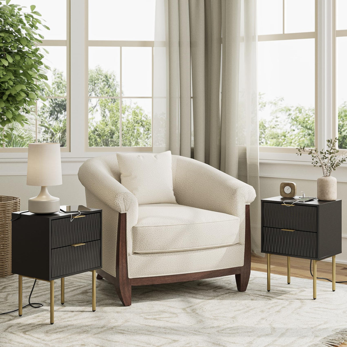 Aienvey Night Stand Charging Station, Modern Bedside Table with Storage 2 Drawer and Open Wood Shelf, Night Stand, End Table for Bedroom, Living Room, Black Aienvey