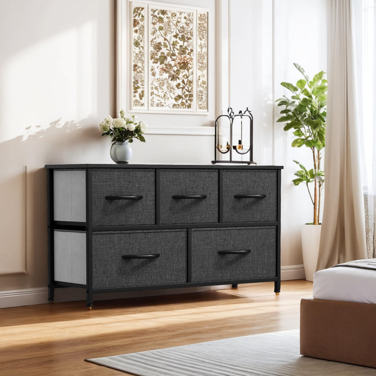 YITAHOME Dresser with 5 Drawers - Fabric Storage Tower, Black Dresser & Chest of Drawers, Organizer Unit for Bedroom YITAHOME